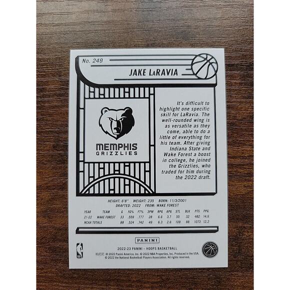 Jake LaRavia 2022-23 Panini Hoops #249 - Rookie - Memphis Grizzlies - NBA - Picture 2 of 2